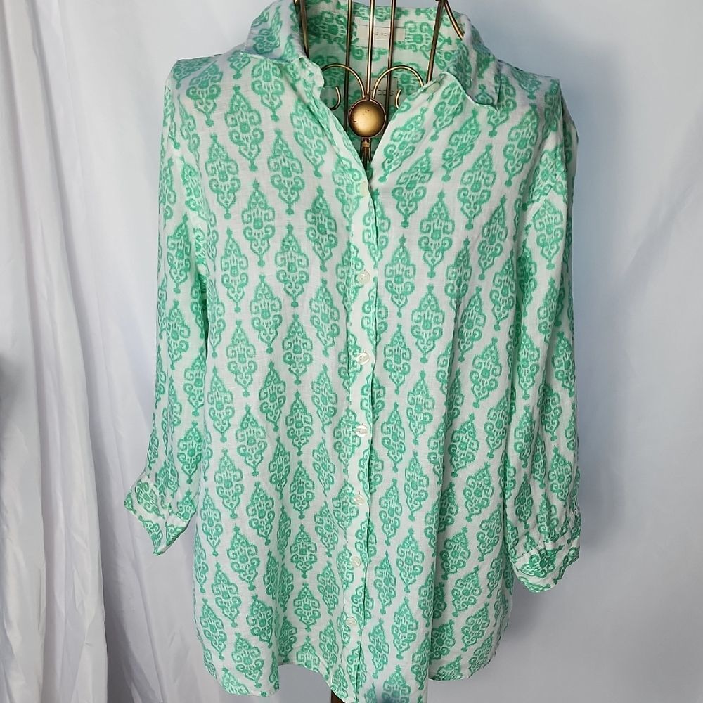 Linen Mint Green & White Summer Button Up Tunic 3/4 Sleeves